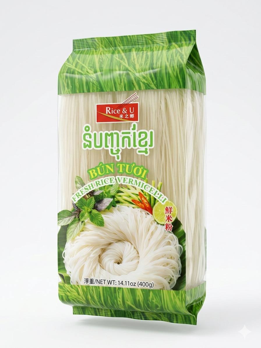 RICE & U - Fresh RICE VERMICELLI នំបញ្ចុកខ្មែរ Bún Thối 400G X 10 PACKS